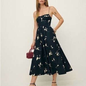 Reformation Vinny Dress - Navy and Cream Spaghetti-Strap Floral Midi Dress